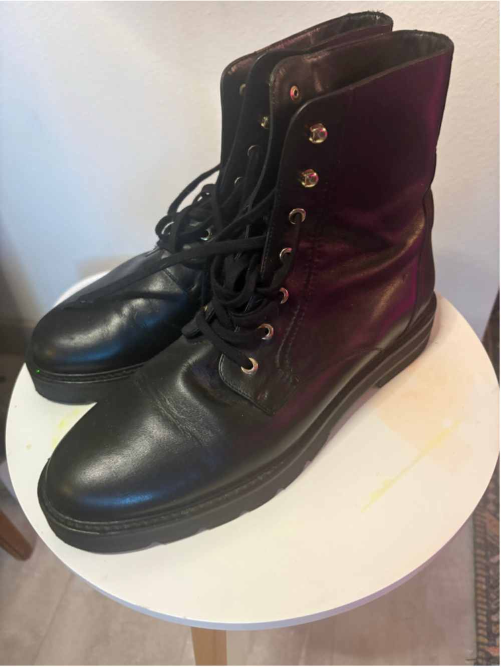 Stuart Weitzman Black Leather Combat Boots Lug Sole Lace Up Women's 11.5